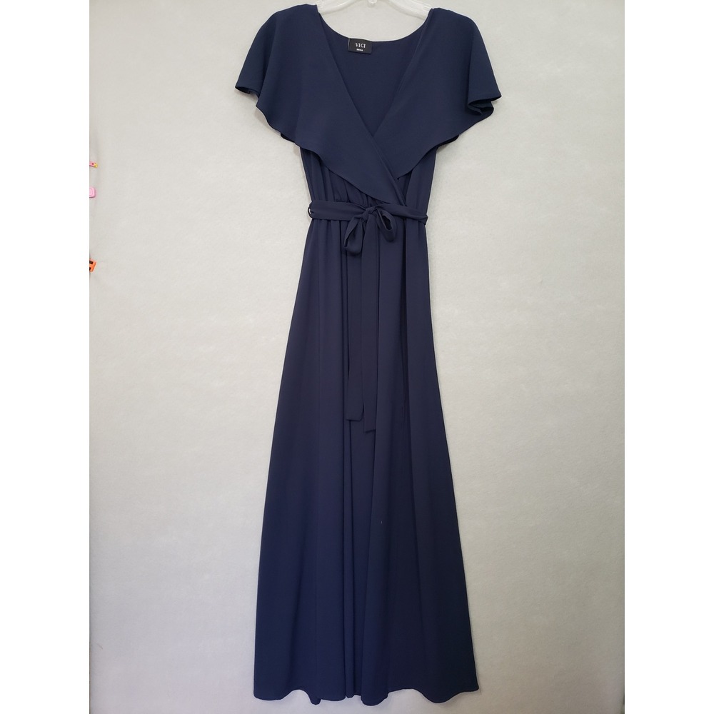 Vici Women Tyche S Maxi Dress Navy Blue Flutter‎ Sleeve Tie Waist Formal Wedding